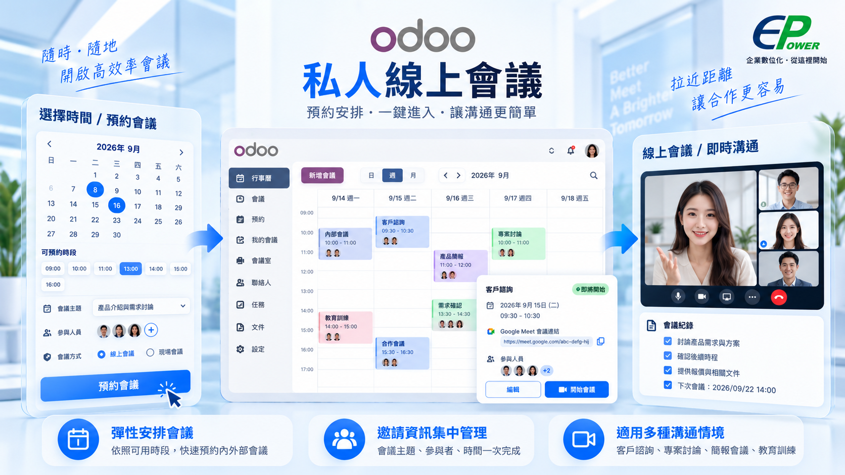 Odoo線上會議預約、行事曆安排與遠端溝通示意圖
